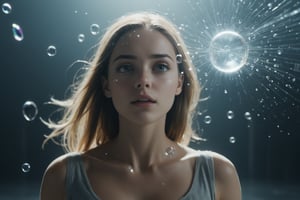 beautiful girl with flying glass (dispersion, refraction, caustics:1.3), man looks at her and he is so strong in background,Movie Still