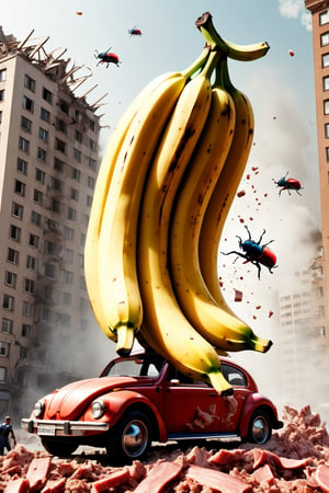 (beetle banana:1.3), [banana|beetle] advertising, volumetric light, fractals, explosion, epic heatwave, epic shockwave, pieces of meat around, soundwave, (USSR poster style:1.3), building destruction, avengers style, Movie Still,Movie Still,Film Still