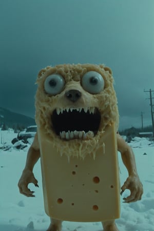 (Kodak:1.1), mutated explosion of scary and extremely creepy cheese [cheese: bear: 0.6], looking into the camera, (he scared:1.6), bad weather, godrays, snow and sun, Movie Still,Movie Still,Film Still