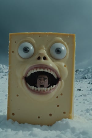 (Kodak:1.1), mutated explosion of scary cheese [cheese: bear: 0.7], looking into the camera, (he scared:1.6), bad weather, godrays, snow and sun, Movie Still,Movie Still,Film Still