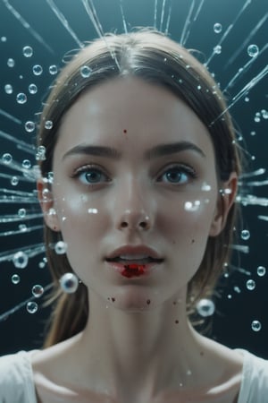 beautiful girl with flying glass (dispersion, refraction, caustics:1.3), (blood:1.3) on face,Movie Still,Film Still