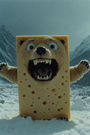 (Kodak:1.1), mutated explosion of scary cheese [cheese: bear: 0.3], looking into the camera, (he scared:1.6), bad weather, godrays, snow and sun, Movie Still,Movie Still,Film Still