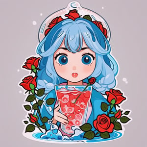 a cute 1girl with glass bad with (water with roses:1.5), cold colors, stylized, detailed, simple background, cutestickers, (sticker:1.1), art, (big fat stroke:1.3), ohwx