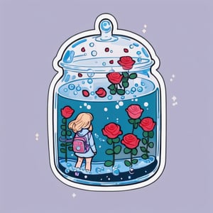 a cute 1girl is wearing a glass backpack filled with roses in the water with sequins and giggles, cold colors, simple background, cutestickers, (sticker:1.4), art, (big fat stroke:1.2), cute comic, minimalistic, ohwx style
