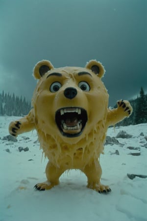 (Kodak:1.1), mutated explosion of scary cheese [cheese: bear: 0.3], looking into the camera, (he scared:1.6), bad weather, godrays, snow and sun, Movie Still,Movie Still,Film Still