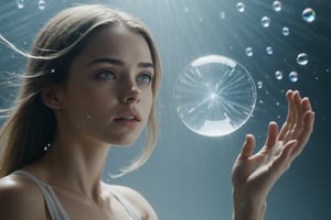 beautiful girl with flying glass (dispersion, refraction, caustics:1.3), man looks at her and he is so strong in background,Movie Still