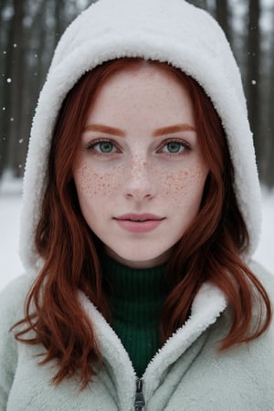Photorealistic analog portrait of a 25-year-old redhair Irish woman in winter, captured outdoors while wearing a green puffy hoodie. The composition adheres to the rule of thirds, featuring dramatic lighting that accentuates her medium hair and detailed face. Noteworthy elements include freckles, a collar or choker, and a subtle smirk. The woman is adorned with a tattoo, adding an extra layer of intricacy. The background, rendered in raw and realistic detail, contributes to the overall atmosphere. The analog approach ensures a genuine and raw quality to the image, emphasizing the woman's unique features within the context of a winter setting. she smile and shy