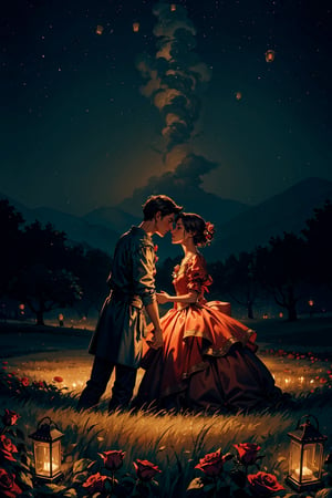 princess and prince kissing in a field of roses at night with lanterns in the sky, volumetric, cinematic, chiaroscuro