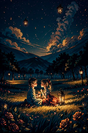 princess and prince kissing in a field of roses at night with lanterns in the sky