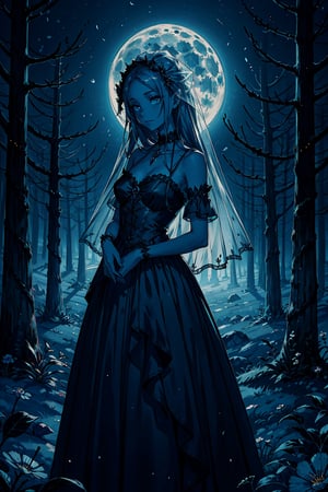 Create an AI-generated artwork inspired by the character Emily from the film "Corpse Bride," set in a hauntingly beautiful, Tim Burton-esque world. Emily, a spectral figure in a tattered wedding gown, stands amidst a moonlit graveyard surrounded by weathered tombstones and gnarled, skeletal trees. Her eyes, filled with melancholic longing, reflect the shimmering moonlight, while strands of her ethereal, wispy hair float gently in the spectral breeze. Her skeletal hand holds a wilting bouquet of midnight-colored flowers, remnants of a forgotten wedding day frozen in time. The atmosphere is both eerie and poignant, with a surreal blend of gothic beauty and ghostly grace. The moon hangs like a radiant pearl in the sky, casting an eerie yet enchanting glow over the desolate landscape, where the boundary between the living and the afterlife seems to blur. Spectral apparitions of forgotten souls drift in the mist, their silhouettes adding to the hauntingly beautiful scene. Emily's expression holds traces of a bittersweet smile, conveying a sense of tragic romance and a yearning for a connection lost in the veil between life and death.