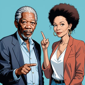 Morgan Freeman with his one wife, The wife pointing at the monkeys and commenting, (in the combined style of Mœbius and french comics), (minimal vector:1.1)