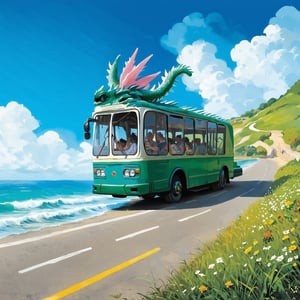 A quirky, imaginative illustration of a dragon-shaped bus, cruising down a coastal road. Through the open windows, passengers can be seen inside. The overall atmosphere of the image is whimsical, with a touch of surrealism.