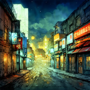 Fantasy realistic watercolor painting art of neon district at night, quiet, quiet, eerie, dark environment