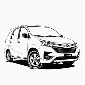 coloring book, bold line art. White and black minimalistic draw coloring page for a toyota avanza. Defined lines. Clean Drawn. Vector, Coloring Page, Bold line art, Coloring Book, Outline, Coloring, Coloring Sheet, Coloring Book, Coloring Page, Black and white, illustration, Draw, drwbk coloring book drawing