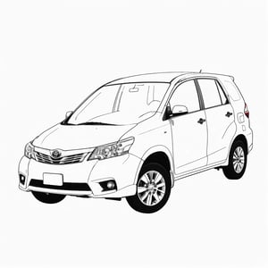 coloring book, bold line art. White and black minimalistic draw coloring page for a toyota avanza. Defined lines. Clean Drawn. Vector, Coloring Page, Bold line art, Coloring Book, Outline, Coloring, Coloring Sheet, Coloring Book, Coloring Page, Black and white, illustration, Draw, drwbk coloring book drawing