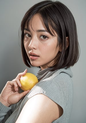 realistic,1girl,solo,short hair,realistic,food,fruit,lips,looking at viewer,black hair,holding,black eyes,upper body,bob cut,lemon,brown hair,brown eyes,grey background,holding fruit, (perfect face: 1.3), (face details: 1.3), beautiful glistening eyes, (tasty breasts: 1.3), sweeping circling composition, masterpiece, nsfw, 8k.,yumna