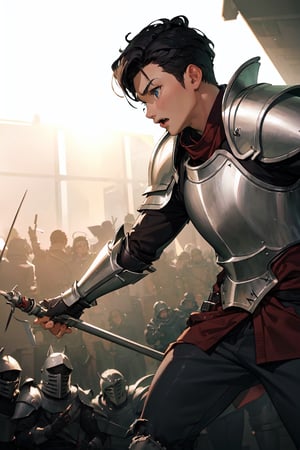 (best quality:1.2), (masterpiece), (best lighting), (extremely detailed 8k CG unit wallpaper), (best studio lighting), a boy, short black hair, wearing armor knight, background of war scenery, several people fighting, his red gaze fixed on the viewer.,adjie