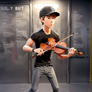 illustration of JOSHUA BELL wearing long black t shirt, grey denim jeans, black baseball hat, subway wall background, play 1 violin, masterpiece, perfect anatomy, full body, focus to JOSHUA BELL, kids watch JOSHUA BELL performance