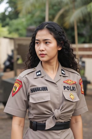 Asian yong woman with curly long hair stand in the foreground of battlefield, wearing (knotted shirt) polr1 police uniform. the uniform is adorned with The word "HANAKAWA" is embroidered on the left chest, and the word "POLRI" is embroidered on the right chest. Cowboy shot. 