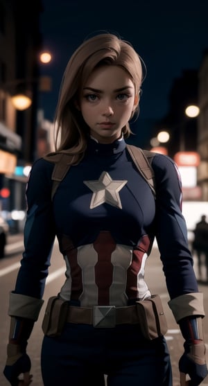 centered, upper body, masterpiece, | female captain america, standing, looking at viewer, | city, urban, street, city lights, | night, bokeh, depth of field, glowing at face, light at face