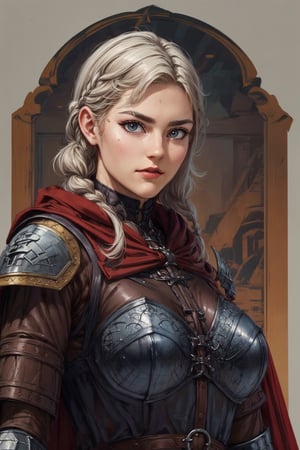 1 girl, adult russian woman, platinum blonde dutch braid, portrait, solo, upper body, looking at viewer, detailed background, detailed face, protector, keeping watch, chainmail armor, leather gauntlets, heraldry,medieval atmosphere, cape, emblem,fantasy
