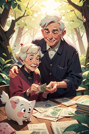 (illustration of some old people bring money with both hand, happy face), background at the forest, looked from medium, art by Atey Ghailan,masterpiece