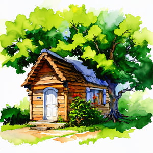 Fantasy realistic watercolor painting art of small house and big tree beside