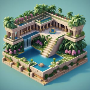 cute 3D isometric model of the hanging gardens of babylon  | blender render engine niji 5 style expressive,3d isometric,3d style,