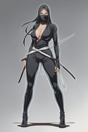 (in the combined style of Mœbius and french comics), (minimal vector:1.1), medium shot of woman, wearing ninja cloth, midshot, centered image, ((full body)), black eyes, related background, s4lma,DonMM1y4XL, large breast