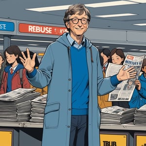 illustration of young Bill Gates wearing casual clothes with grey long coat, blue t shirt, ((both hands up at chest show  sign refuse)), standing at newspaper vendor in new york airport in 1975, full body, (looked from medium), art by Atey Ghailan, masterpiece, perfect anatomy,(cute comic)