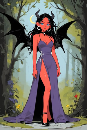 1girl, solo, horns, earrings, jewelry, breasts, cleavage, black footwear, black hair, blue eyes, choker, colored skin, crescent, crescent earrings, cross, cross earrings, demon girl, demon horns, demon wings, dress, full body, high heels, long hair, looking at viewer, purple dress, purple lips, red skin, side slit, standing, wings, yellow gemstone, outdoors, nature, day