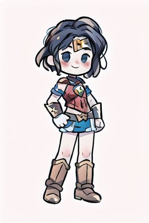 chibi, style parody, ((masterpiece,best quality)), absurdres, hmdmg1, woman, gal gadot,  pale skin ,wonder woman costume, blush, blush stickers, solo, smiling,looking at viewer, cowboy shot, cinematic composition, contrapposto,simple background, white background, eldmeisterog style ,sks style,sketch art, multiple belts, fingerless gloves, black clothes,DEATHMETAL,album_cover