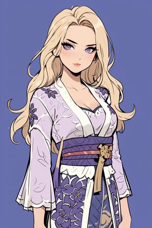 raiden shogun , full body, lust face, slim body, wearing slim kebaya, long blonde hair,(in the combined style of Mœbius and french comics), (minimal vector:1.1), simple background,