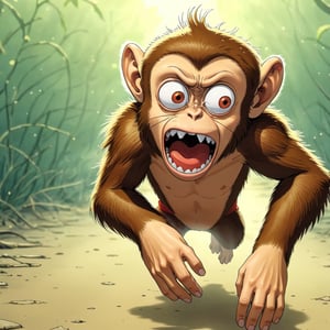 little monkey run away , scared face, blur background  (in the combined style of Mœbius and french comics), (minimal vector:1.1), PEOPShockedFace, shocked face, eyes popping out, mouth open