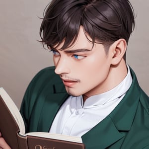 Handsome man read book, perfect irish, perfect  eyes, perfect anatomy