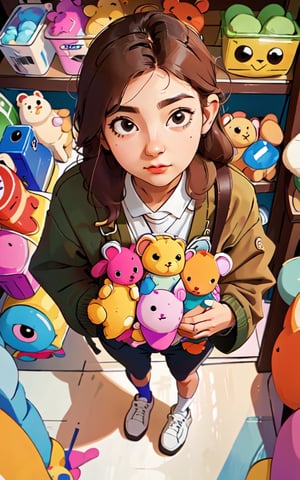 masterpiece, solo, best quality, high detailed, colorful, from above, solo, realistic, girl standing in a store with lots of stuffed animals on the shelves and a bag of stuff, hazel eyes, fisheye lens
,perfect,