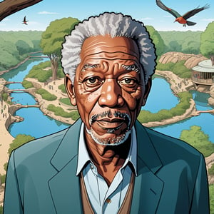 Morgan Freeman in front of viewer, background at zoo, ((Bird’s eye view)), (in the combined style of Mœbius and french comics), (minimal vector:1.1)