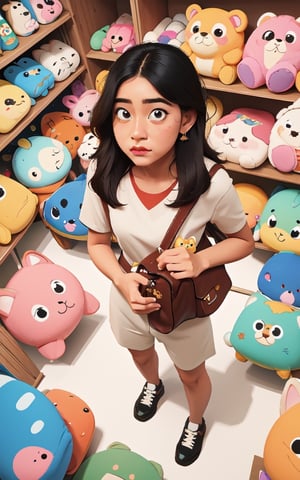 masterpiece, best quality, high detailed, colorful, from above, solo, realistic, girl standing in a store with lots of stuffed animals on the shelves and a bag of stuff, hazel eyes, fisheye lens
,mandha
