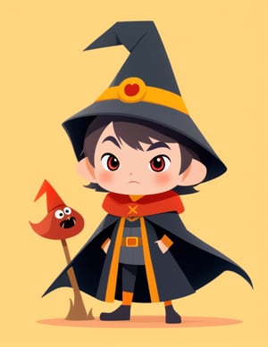 , solo, chibi, full body, looking at viewer, witch hat, cape, red eyes, yellow background,Flat Design,