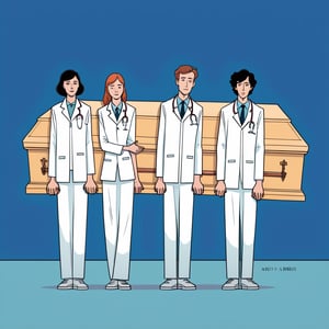 An illustration of 4 people of doctor carrying a coffin with hands, (in the combined style of Mœbius and french comics), (minimal vector:1.1)