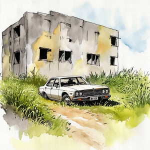 Fantasy realistic watercolor painting art of wall of abandon building with tall grass around, there a vehicle, Obsolete cars, neglected cars, car wrecks, faded cars, ugly cars