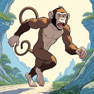 monkey running, fear, running effect, (in the combined style of Mœbius and french comics), (minimal vector:1.1)