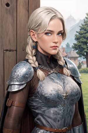 1 girl, adult russian woman, platinum blonde dutch braid, portrait, solo, upper body, looking at viewer, detailed background, detailed face, protector, keeping watch, chainmail armor, leather gauntlets, heraldry,medieval atmosphere, cape, emblem,nindi,mandha