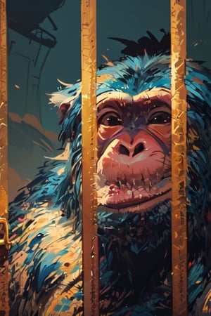 (illustration of monkey at cage), background at the village, looked from afar, art by Atey Ghailan,masterpieece
