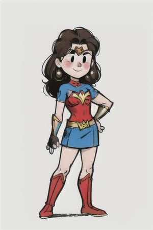 chibi, style parody, ((masterpiece,best quality)), absurdres, hmdmg1, woman, gal gadot,  pale skin ,wonder woman costume, blush, blush stickers, solo, smiling,looking at viewer, cowboy shot, cinematic composition, contrapposto,simple background, white background, eldmeisterog style ,sks style,sketch art, multiple belts, fingerless gloves, black clothes,DEATHMETAL,album_cover
