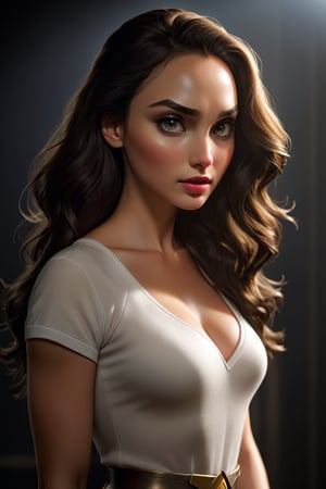 photorealistic, masterpiece, upper body, best quality, raw photo, 1girl, long hair, detailed eyes and face, sagging breast, white shirt, dynamic lighting, in the dark, deep shadow, low key, gal gadot

