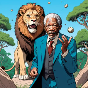 Morgan Freeman throwing a stone at the lion,  looking to zoo monkey section, (in the combined style of Mœbius and french comics), (minimal vector:1.1)