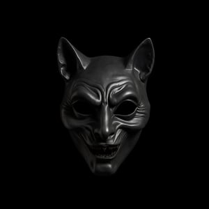 hall00ween, Halloween mask, black cat face. black background. in the style of t0k