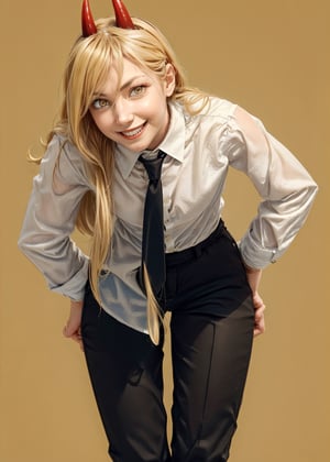 1girl, power, solo, cowboy shot, yellow eyes, symbol-shaped pupils, blonde hair, horns, smile, shirt, necktie, black pants, simple background, leaning forward, looking at viewer, hands on hips,LazrPopAI,powerman