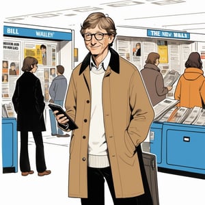 illustration of young Bill Gates wearing casual clothes with brown long coat, white t shirt, (both hands hold black wallet) , standing at newspaper vendor in new york airport in 1975, full body, (looked from medium), art by Atey Ghailan, masterpiece, perfect anatomy,(cute comic)
